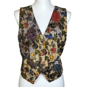 Halsey Collection Vest Petite Small Vintage Boho Tan Blue Red Floral Art Beaded